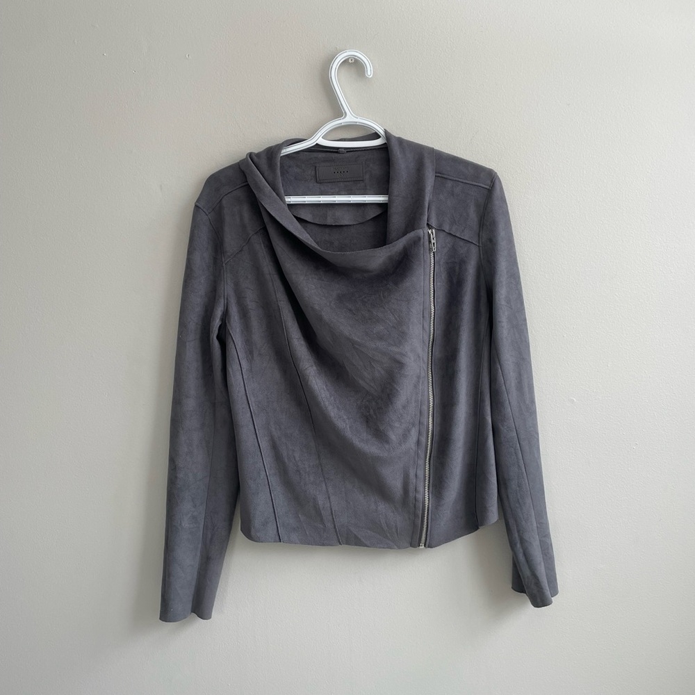 GREY GRAY FAUX SUEDE MOTO JACKET SILVER ZIPPER STRETCH
